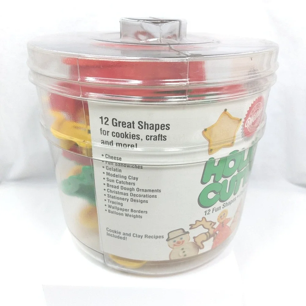 Wilton 1994 12 Piece Holiday Christmas Cookie Cutters‎ Plastic Canister